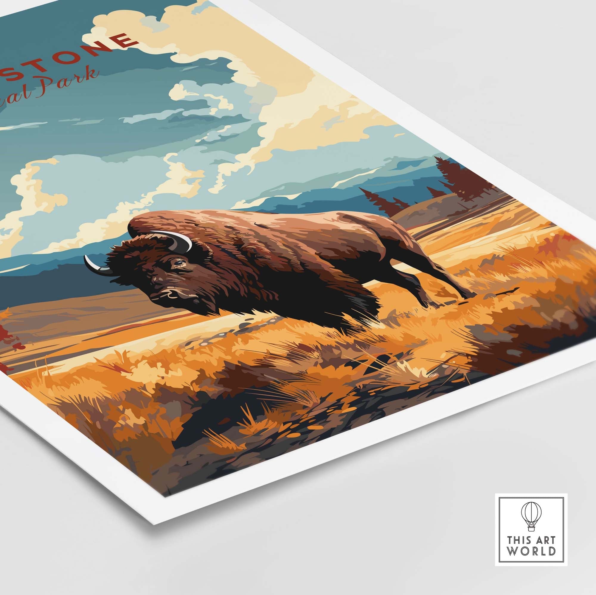 Yellowstone Print | National Park with vivid bison in a scenic landscape showcasing nature's beauty.