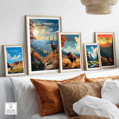 Yellowstone Print | National Park featuring framed art showcasing bison and stunning landscapes in a stylish interior.