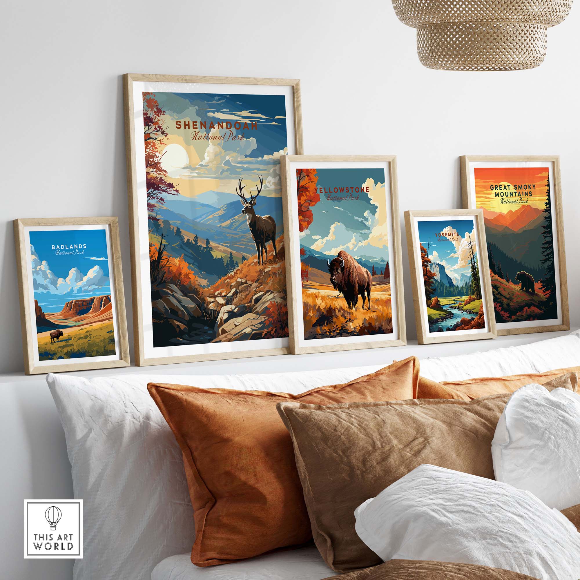 Yellowstone Print | National Park featuring framed art showcasing bison and stunning landscapes in a stylish interior.