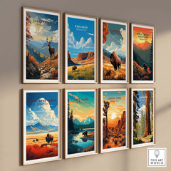 Yellowstone Print | National Park and other national park artwork displayed in stylish frames on a wall.