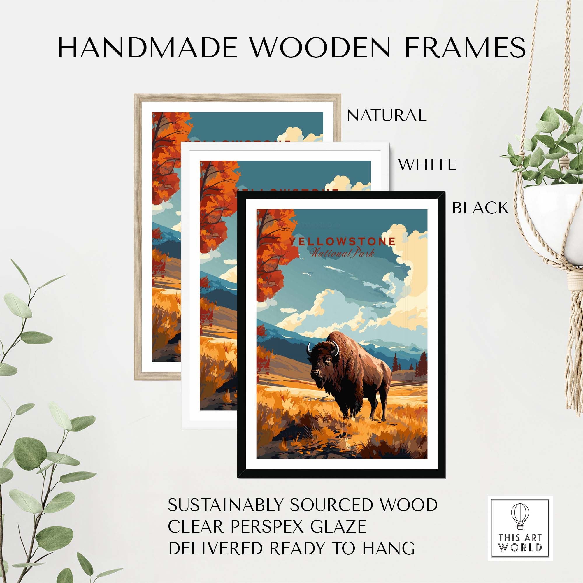 Yellowstone Print | National Park displayed in handmade wooden frames in natural, white, and black finishes.