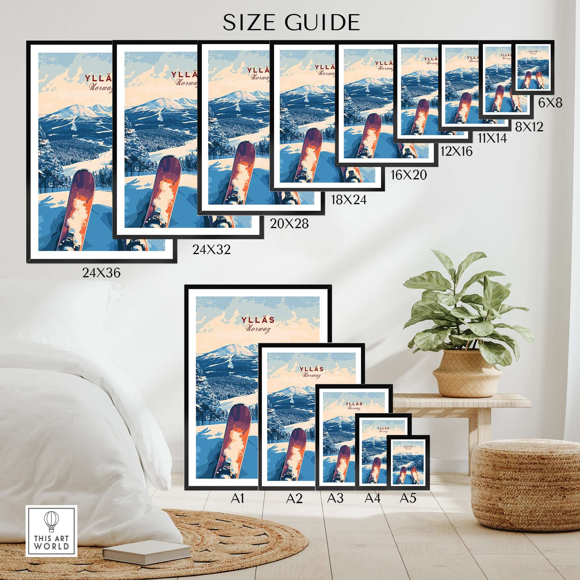 Ylläs Norway ski art print size guide showing various frame sizes for wall display options.