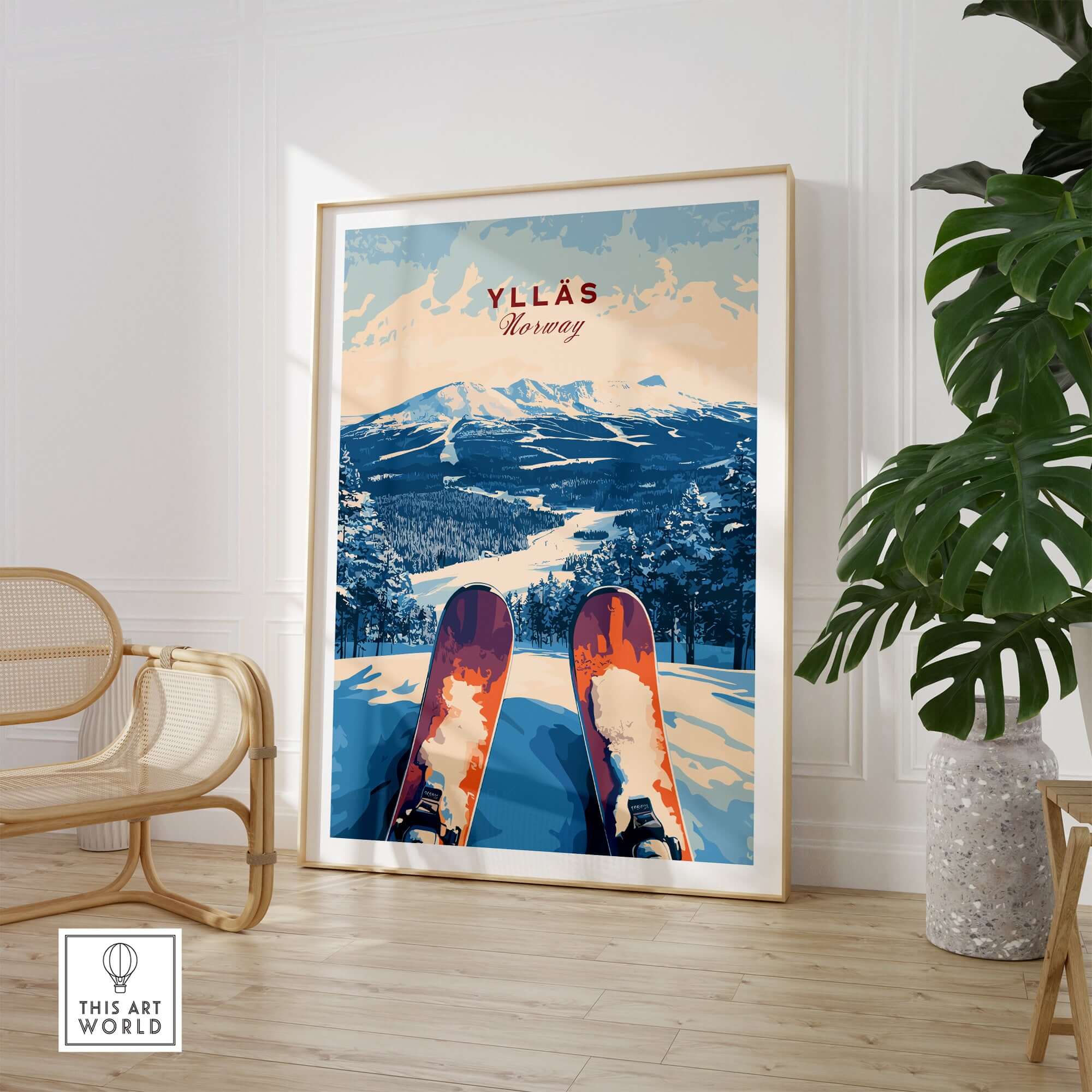 Ylläs Norway ski art print showcasing stunning mountain views from the slopes, perfect for any winter sports enthusiast.