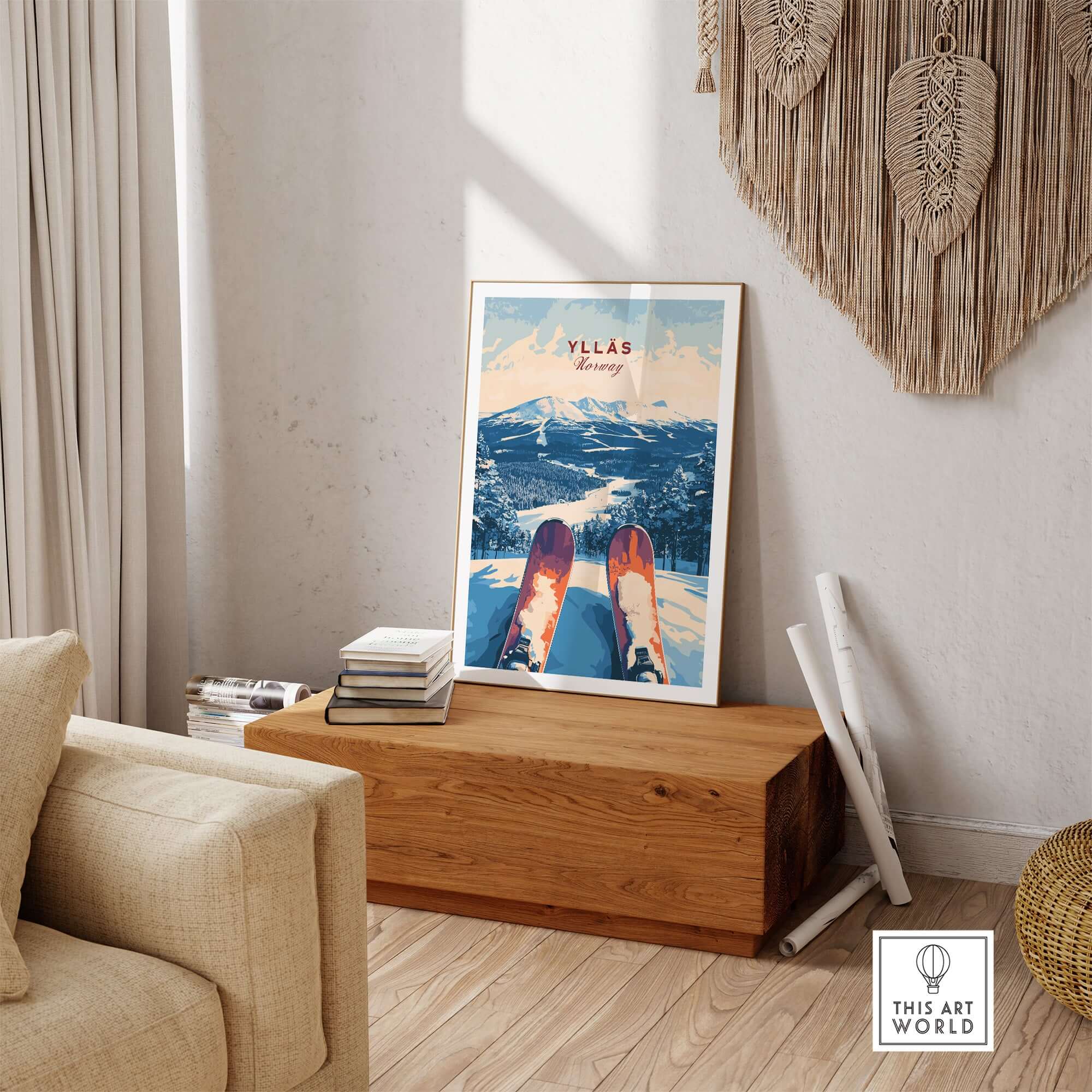 Ylläs Norway ski art print displayed in a cozy room, showcasing a snowy mountain view from the slopes.