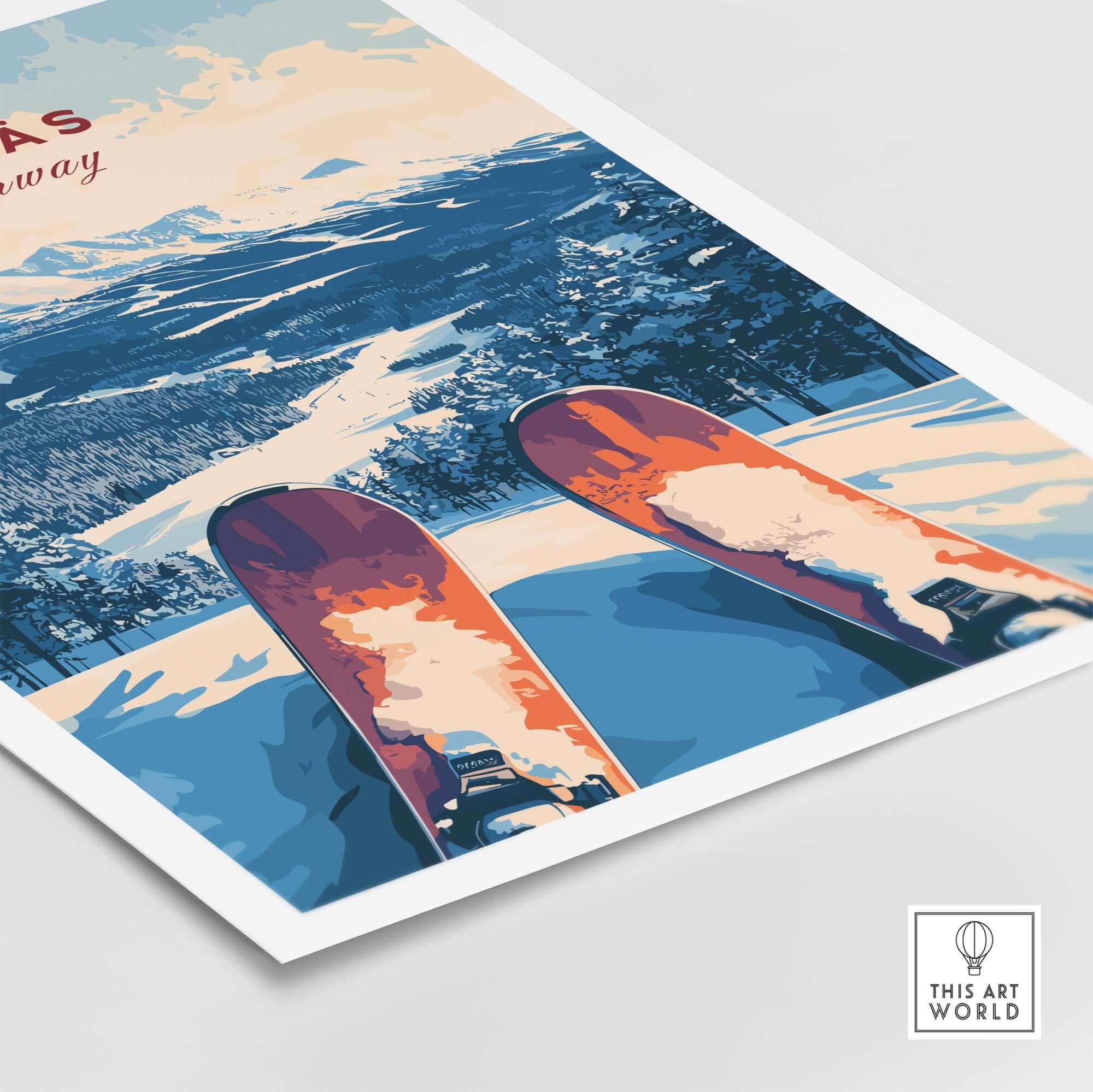 Ylläs Norway ski art print featuring skis and a stunning mountain view, perfect for winter enthusiasts.