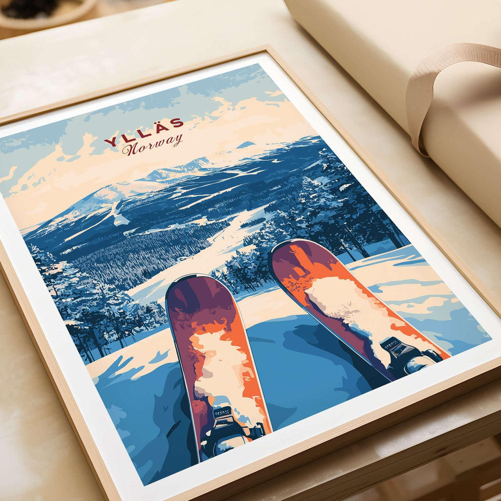 Ylläs Norway ski art print featuring skis poised above a snowy slope with a breathtaking mountain view.