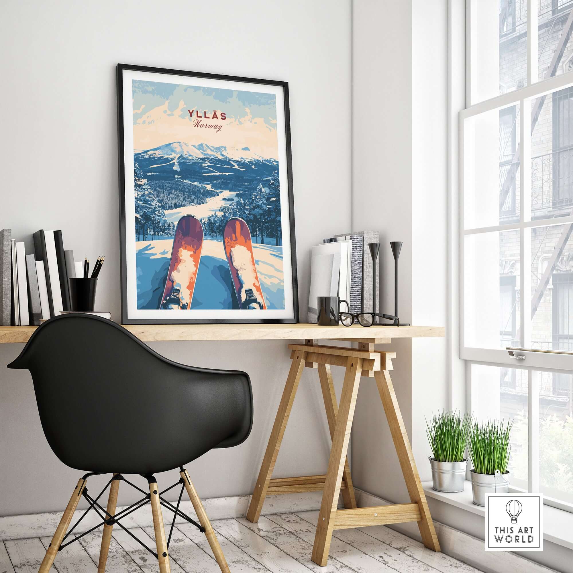 Ylläs Norway ski art print displayed in a modern office setting, showcasing winter slopes and ski gear.