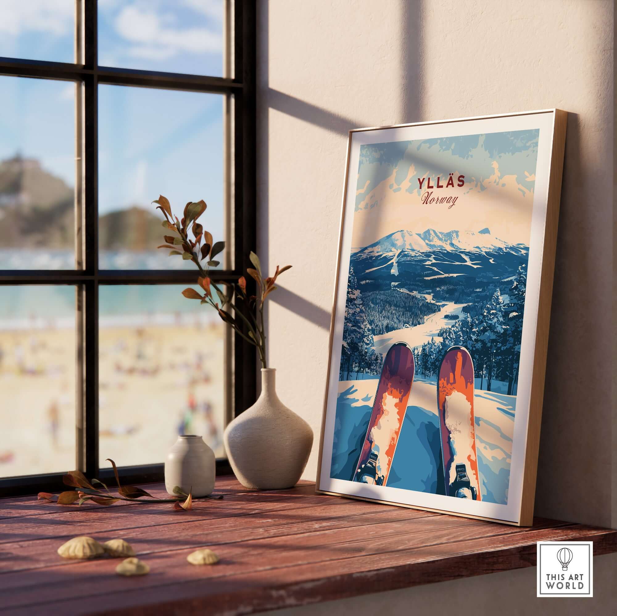 Framed Ylläs Norway ski art print showcasing a stunning mountain view with skis at the forefront.