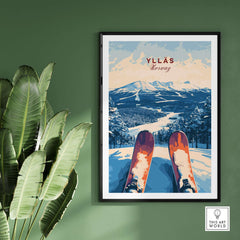 Ylläs Norway ski art print featuring skis on snow with a panoramic mountain view.