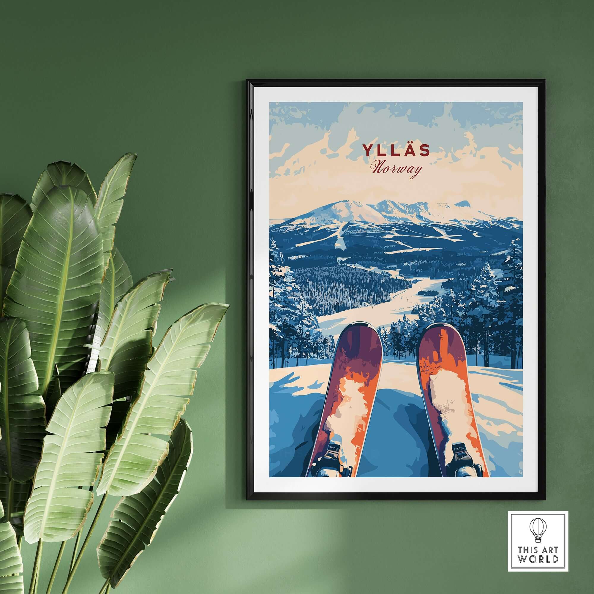 Ylläs Norway ski art print featuring skis on snow with a panoramic mountain view.