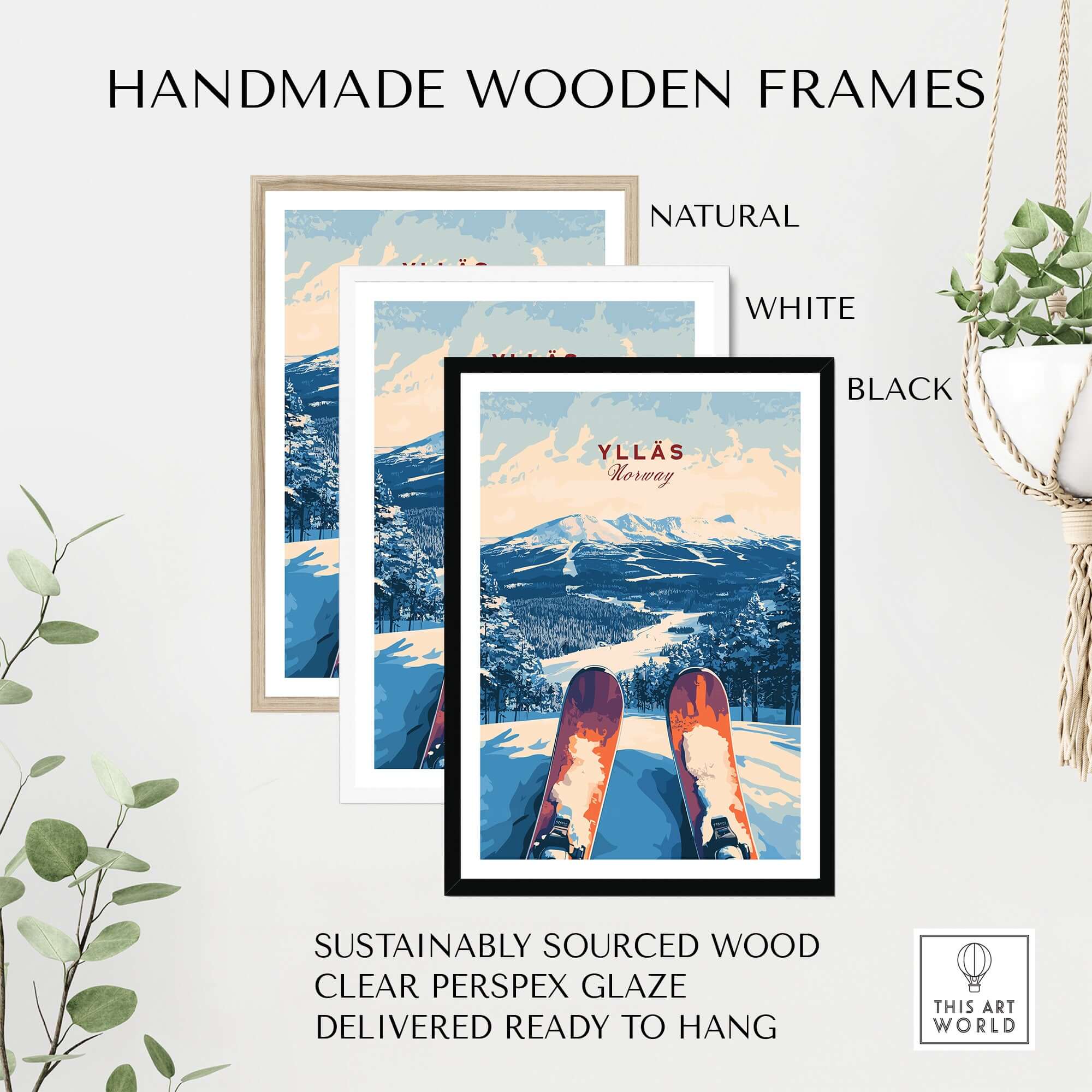 Handmade wooden frames in natural, white, and black showcasing Ylläs Norway ski art print ready to hang.