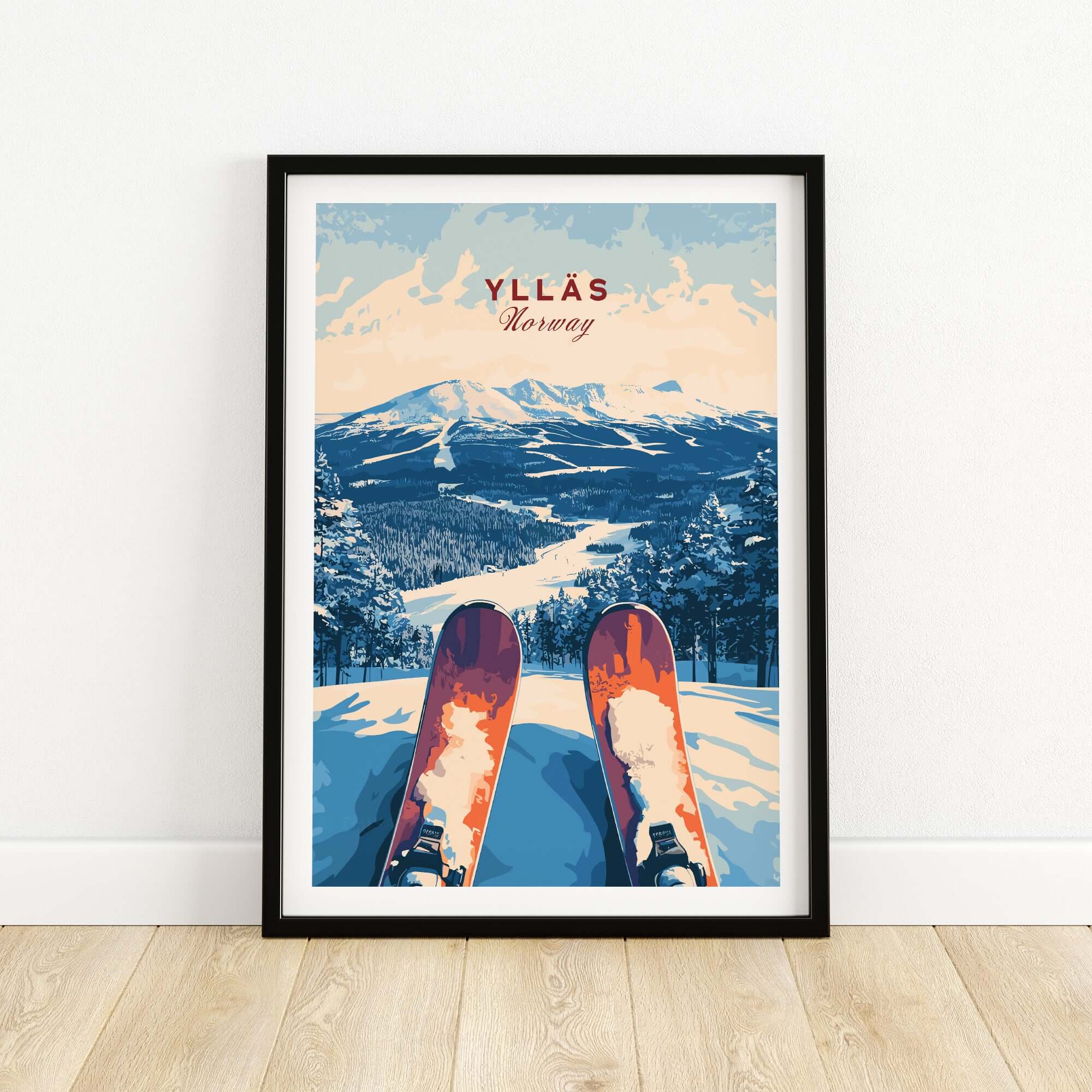 Yllås Norway ski art print featuring picturesque slopes and skis ready for descent in a beautiful winter landscape.