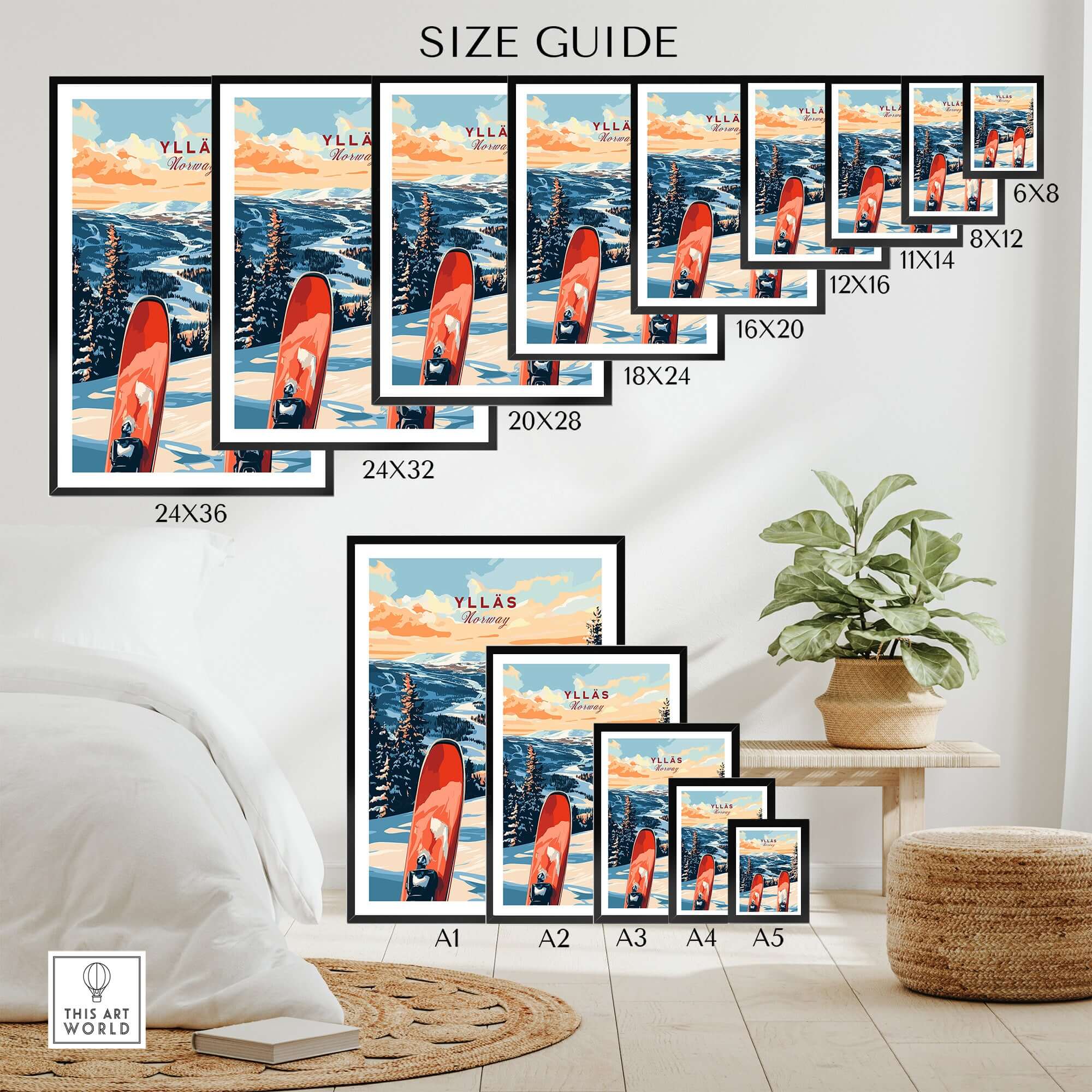 Ylläs Norway ski poster size guide showcasing various framed sizes for winter landscape wall art.