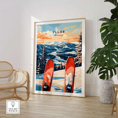 Ylläs Norway ski poster featuring vibrant skis and a stunning winter landscape for wall art.