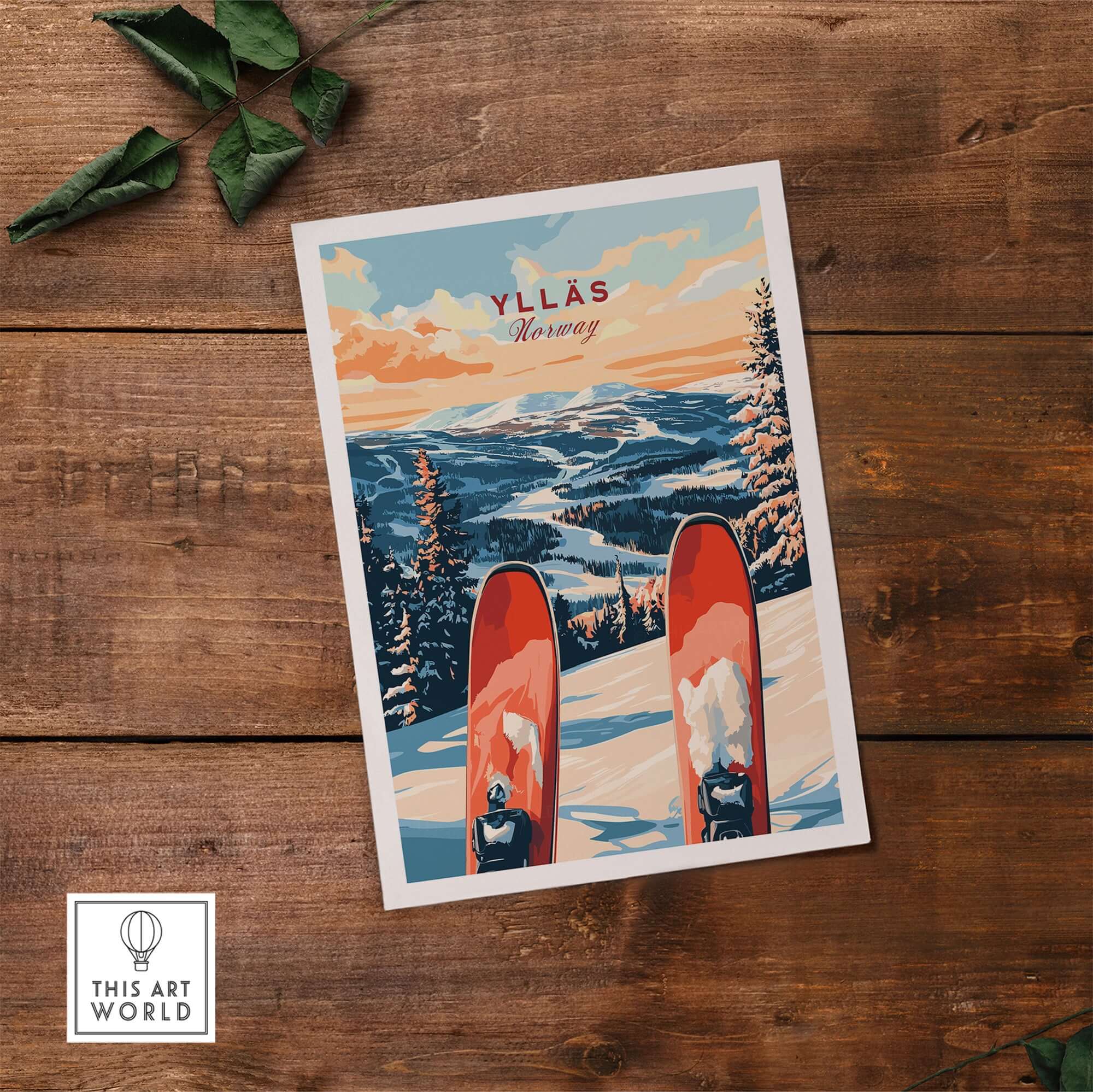 Ylläs Norway ski poster featuring vibrant prints and snow-covered mountains, perfect winter landscape wall art.