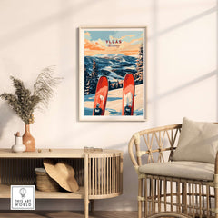 Ylläs Norway ski poster displayed in a cozy room with winter landscape and stylish decor.
