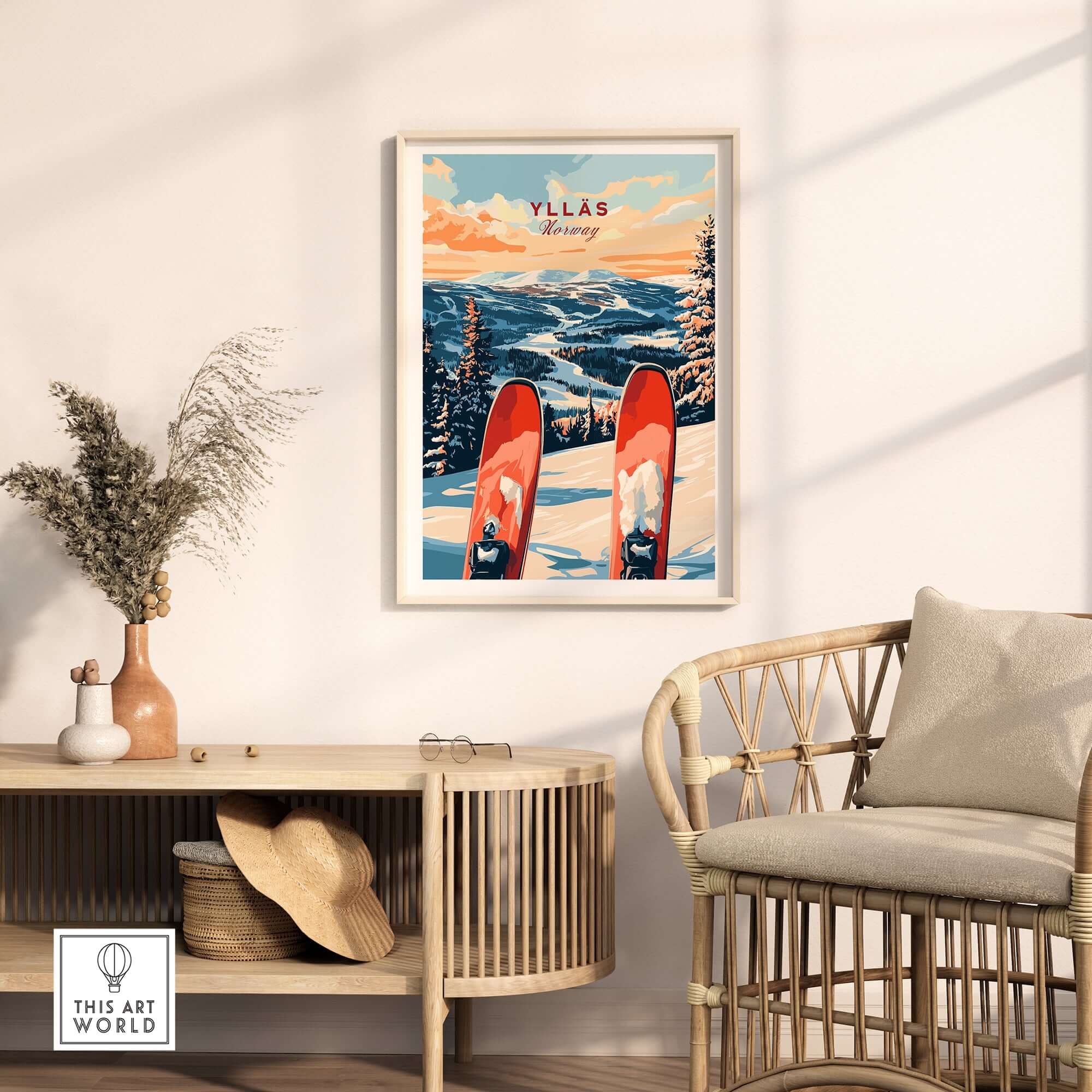 Ylläs Norway ski poster displayed in a cozy room with winter landscape and stylish decor.