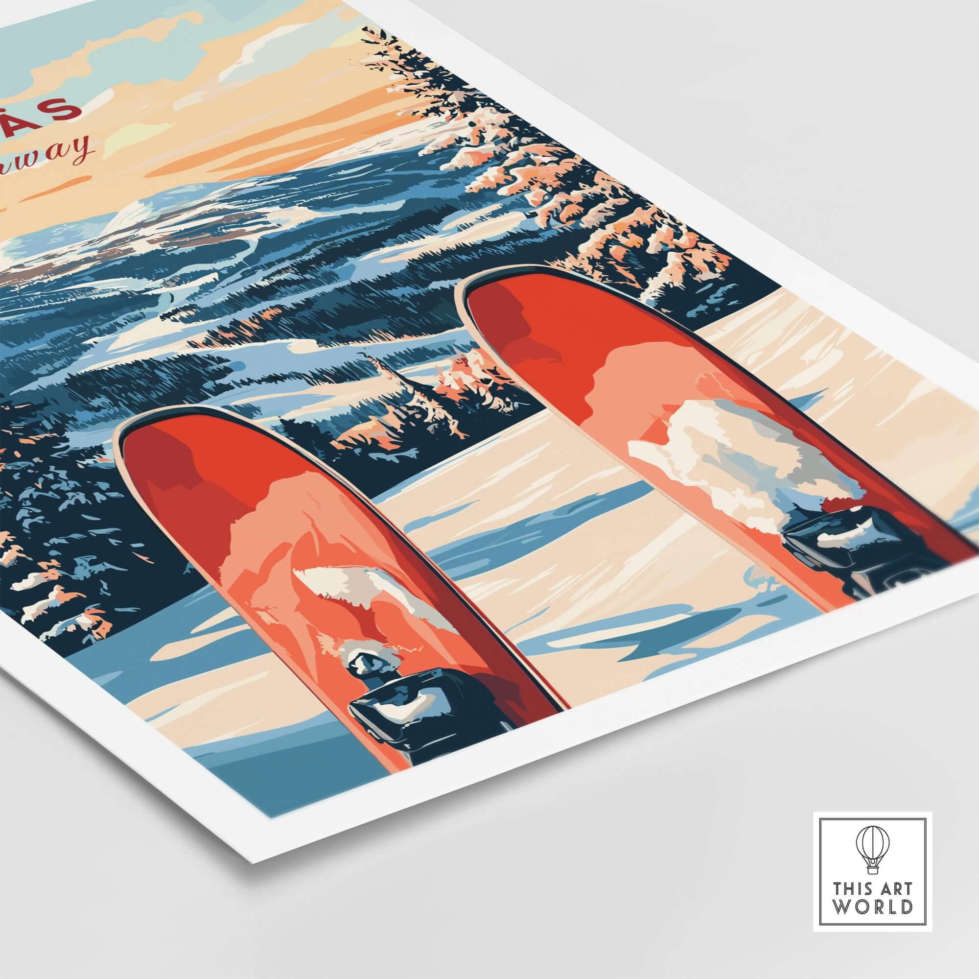 Ylläs Norway ski poster featuring vibrant red skis against a snowy landscape, perfect for winter sports enthusiasts.