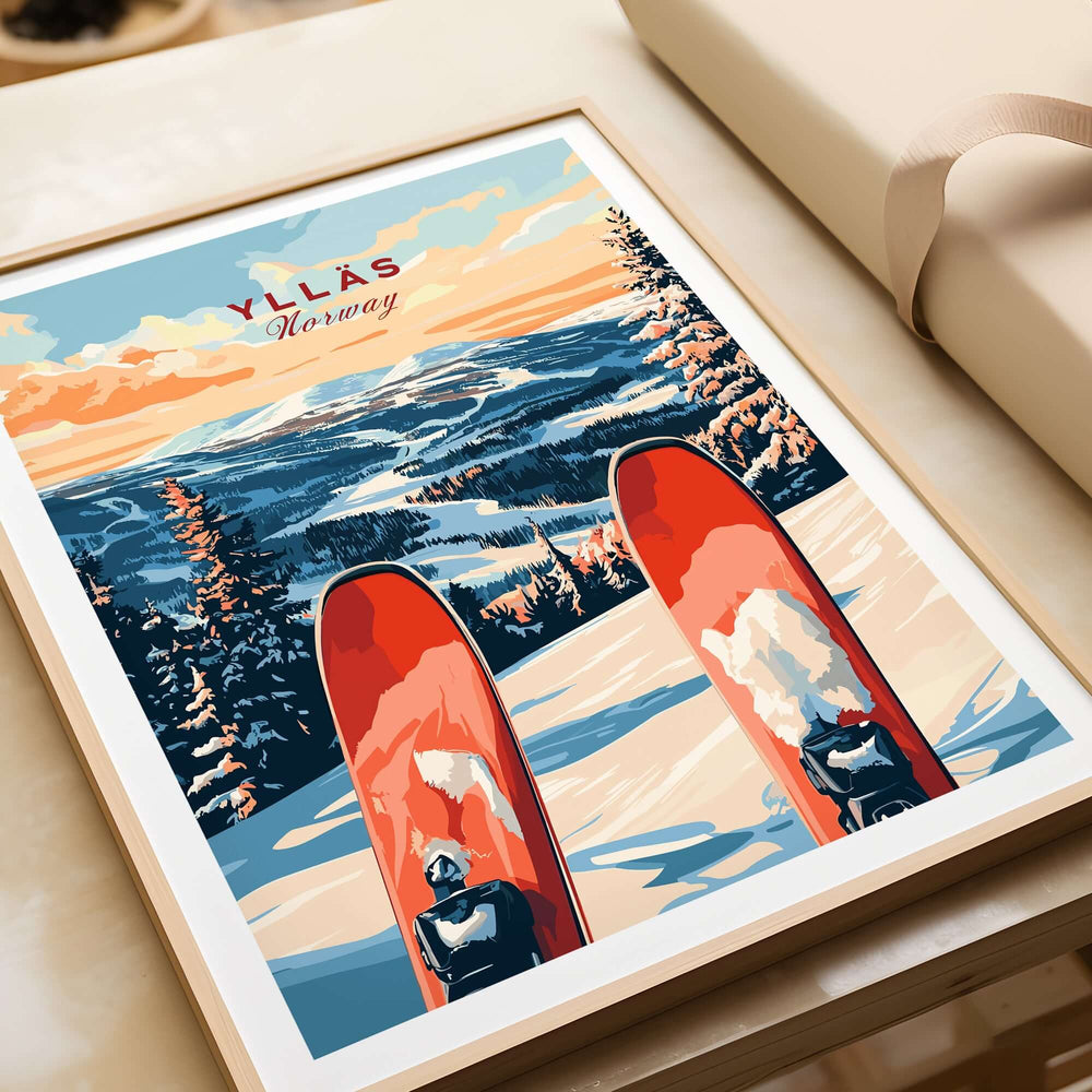 Ylläs Norway ski poster showcasing a scenic winter landscape with skis on snow-covered mountains.