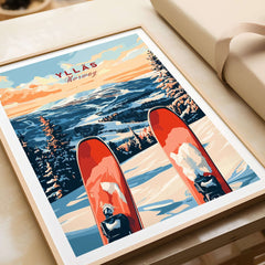 Ylläs Norway ski poster showcasing a scenic winter landscape with skis on snow-covered mountains.