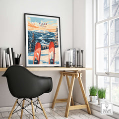 Ylläs Norway ski poster in a stylish room, showcasing winter landscape art with vibrant colors and snow-covered mountains.