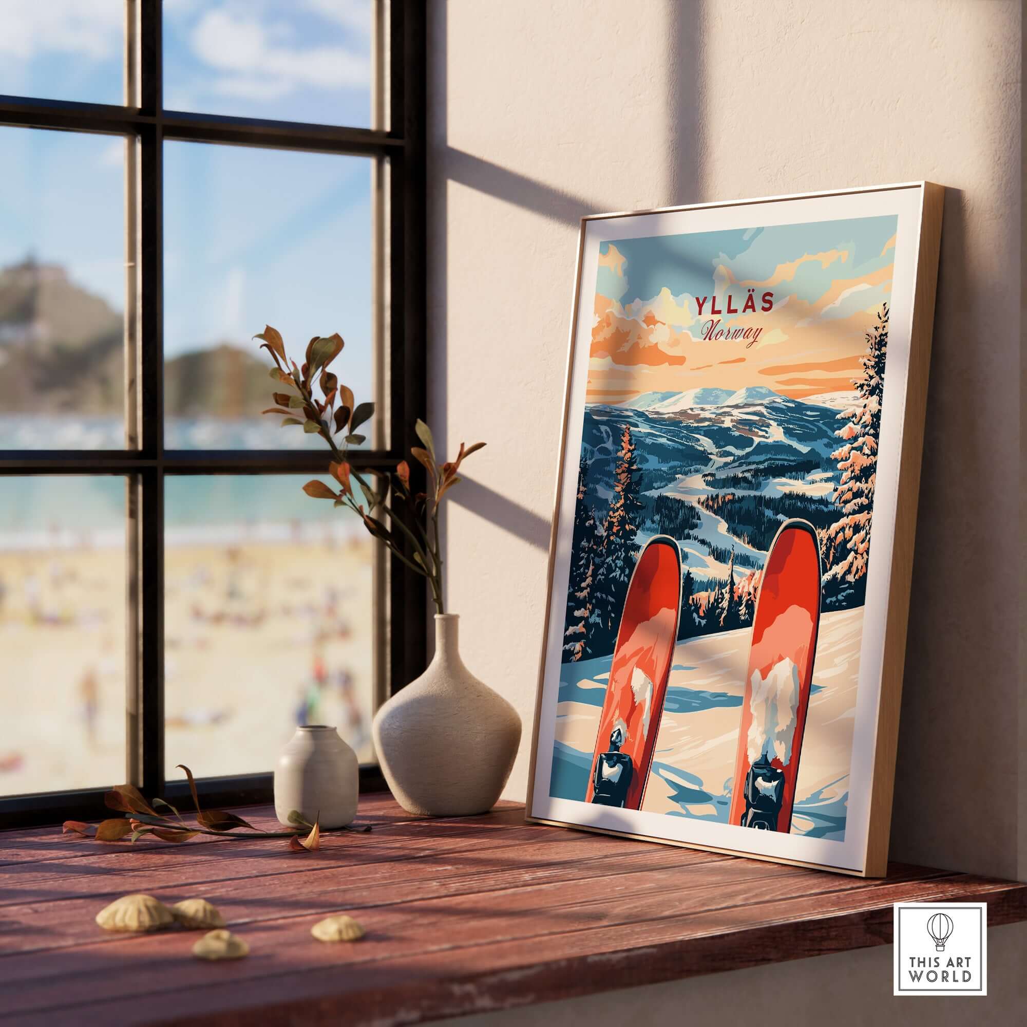 Ylläs Norway ski poster featuring vibrant artwork of snow-covered mountains and skis, displayed in a serene indoor setting.
