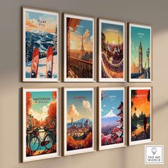 Collection of vibrant travel posters featuring Ylläs, Paris, Barcelona, London, Amsterdam, Florence, Tokyo, and Angkor Wat.