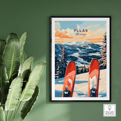 Ylläs Norway ski poster showcasing vibrant winter landscape art with skiers, perfect for winter sports enthusiasts.