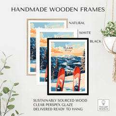 Handmade wooden frames in natural, white, and black showcasing Yllås ski poster with sustainable materials.