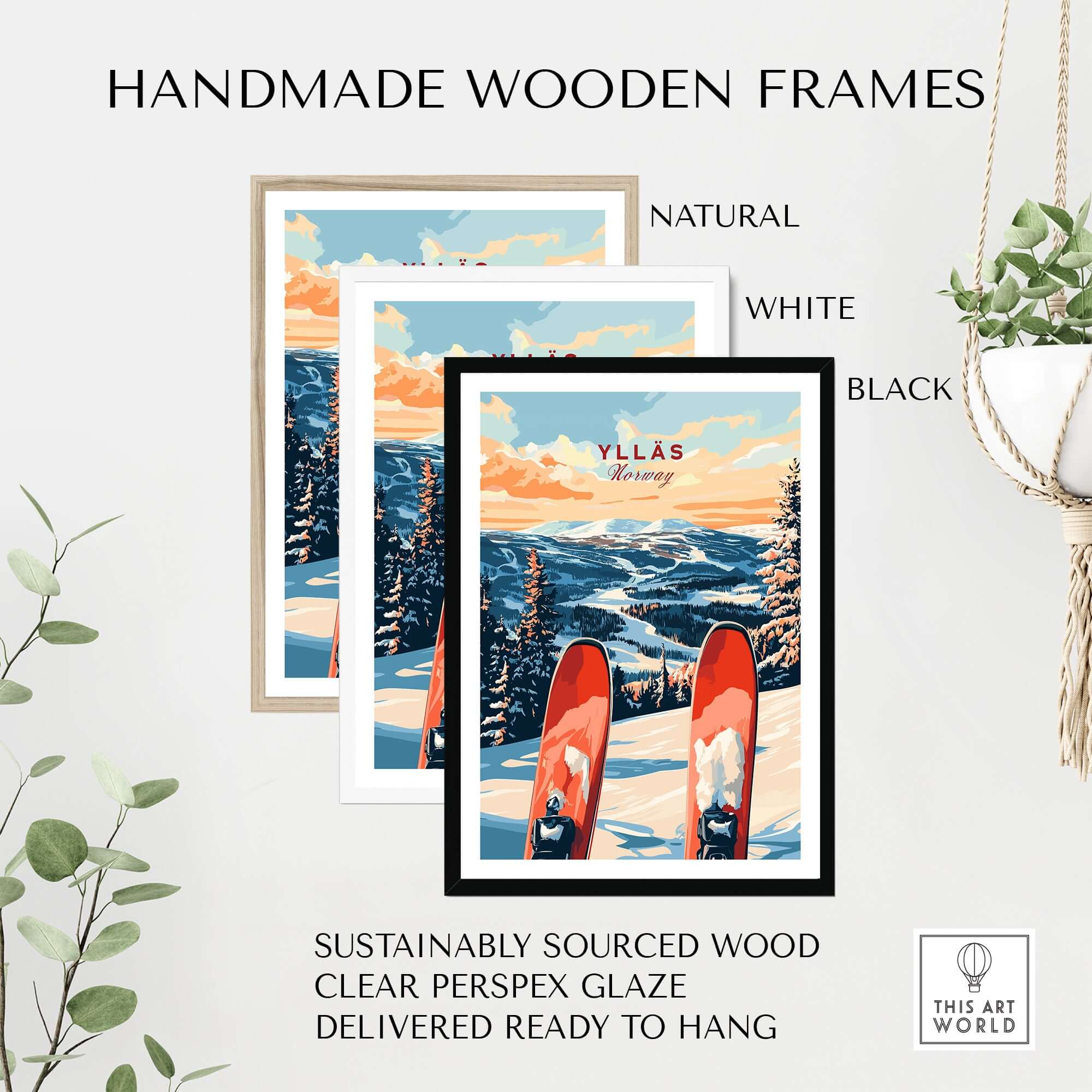 Handmade wooden frames in natural, white, and black showcasing Yllås ski poster with sustainable materials.