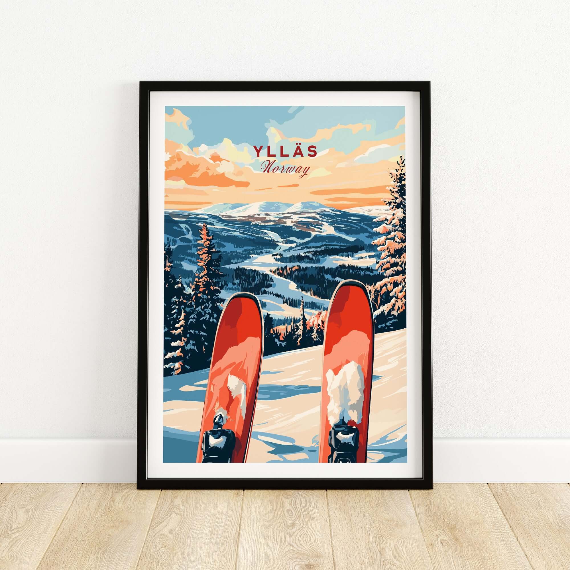 Ylläs Norway ski poster featuring vibrant skis and a stunning winter landscape of snow-covered mountains.