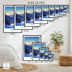 Ylläs Norway wall art size guide showing various frame options for ski chairlift landscape print.