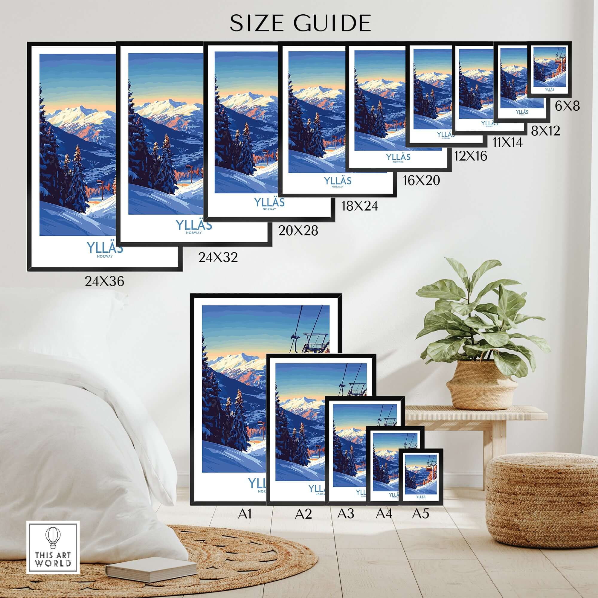 Ylläs Norway wall art size guide showing various frame options for ski chairlift landscape print.