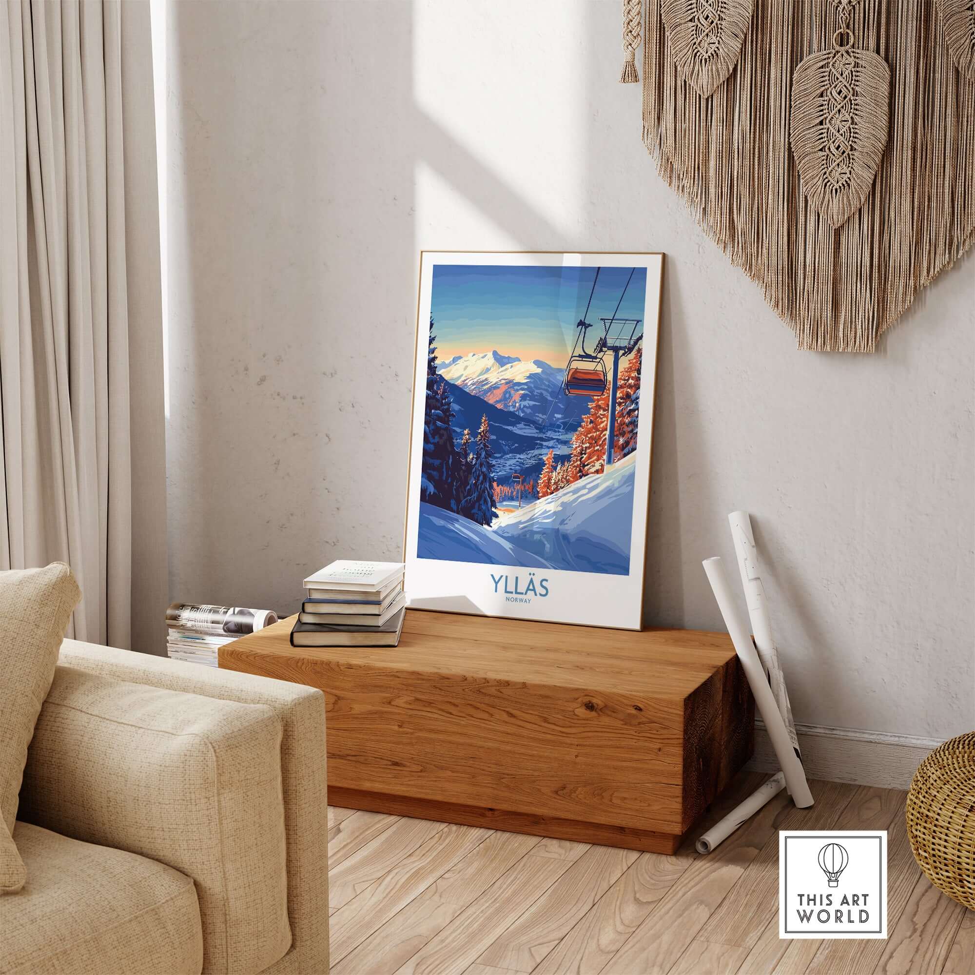 Ylläs Norway wall art print featuring a ski chairlift against a snowy mountain landscape in a cozy indoor setting.