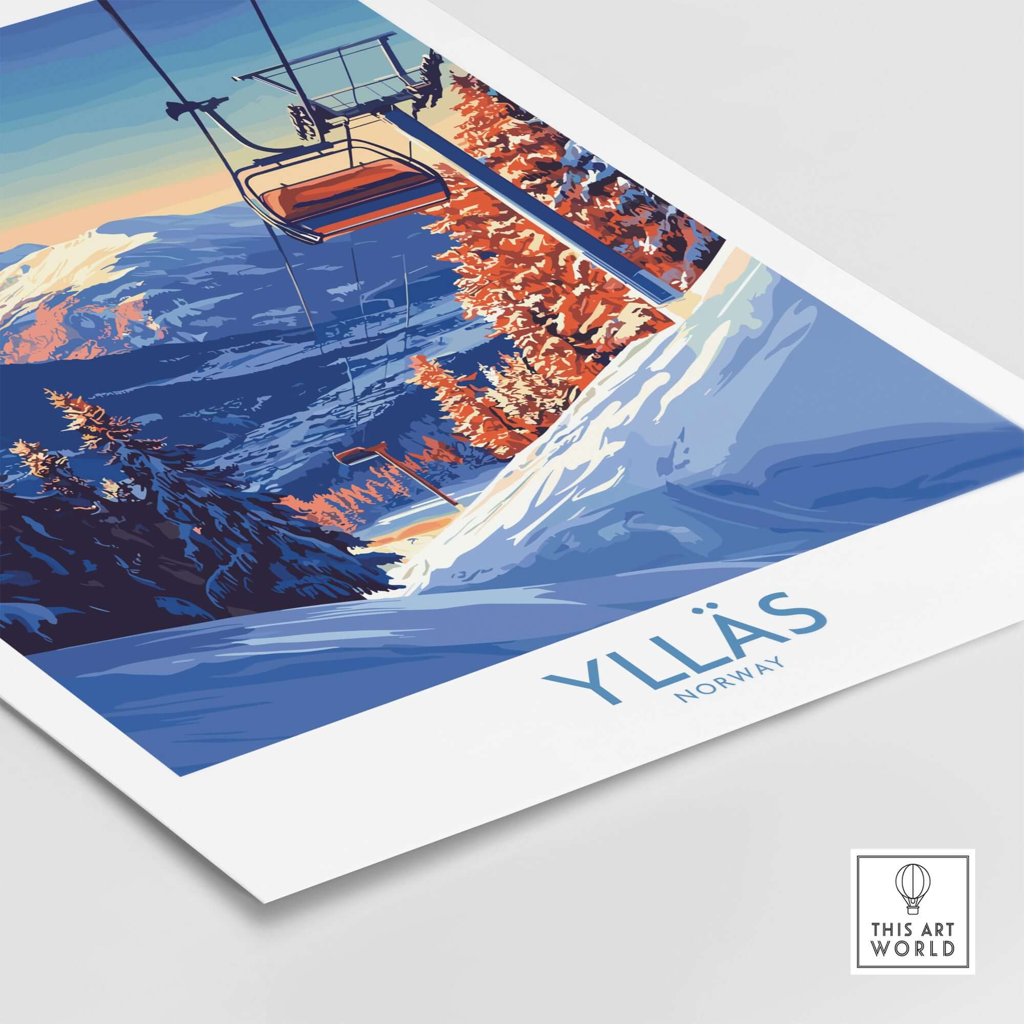 Ylläs Norway wall art featuring a ski chairlift against a snowy mountain landscape, perfect for winter adventure lovers.