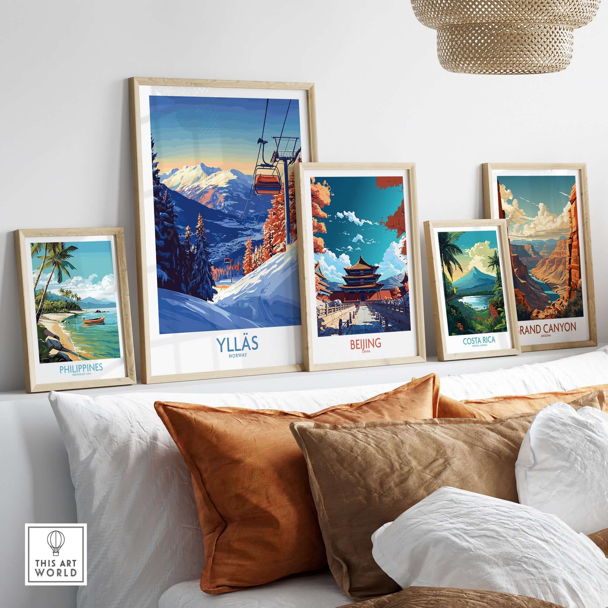Framed wall art featuring Ylläs Norway ski chairlift, along with prints of Philippines, Beijing, Costa Rica, and Grand Canyon.