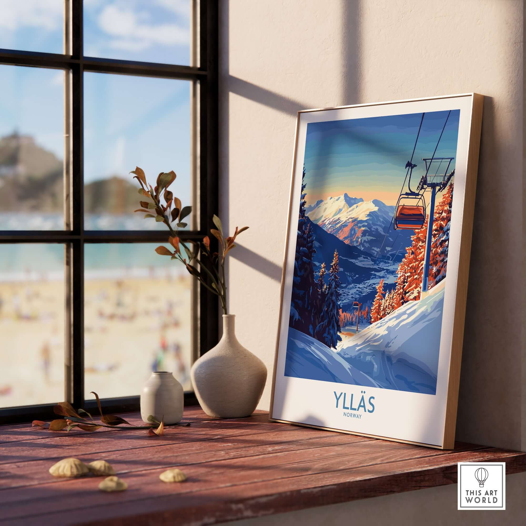 Framed Ylläs Norway wall art featuring a ski chairlift and snowy mountain landscape.