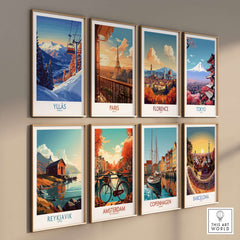 Collection of travel wall art prints featuring landscapes from Ylläs, Paris, Florence, Tokyo, Reykjavik, Amsterdam, Copenhagen, and Barcelona.