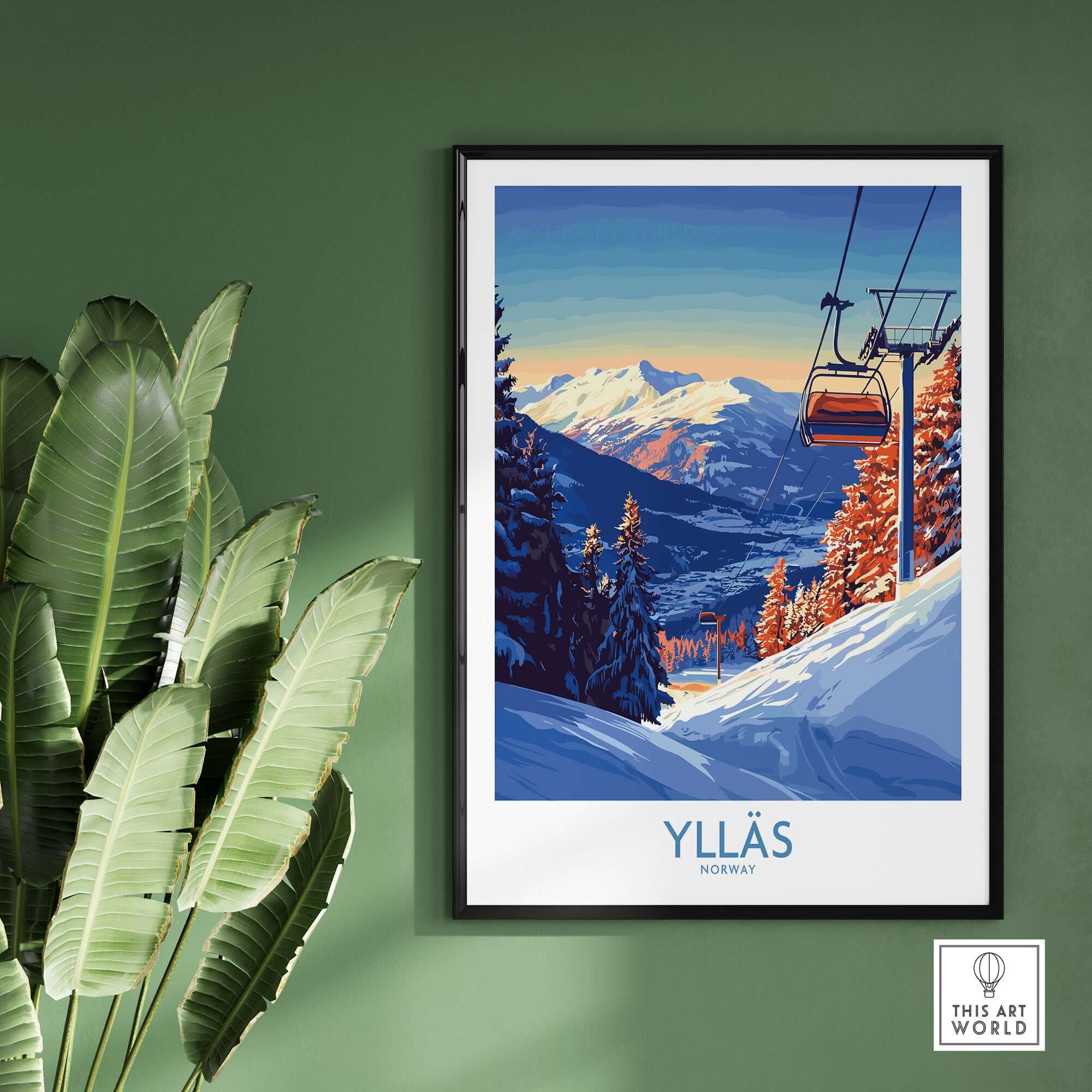 Ylläs Norway wall art featuring a ski chairlift ascending a snowy mountain landscape.