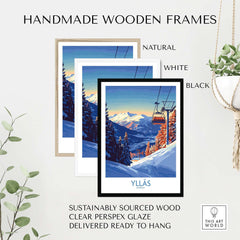 Handmade wooden frames in natural, white, and black for Ylläs ski chairlift wall art, ready to hang.
