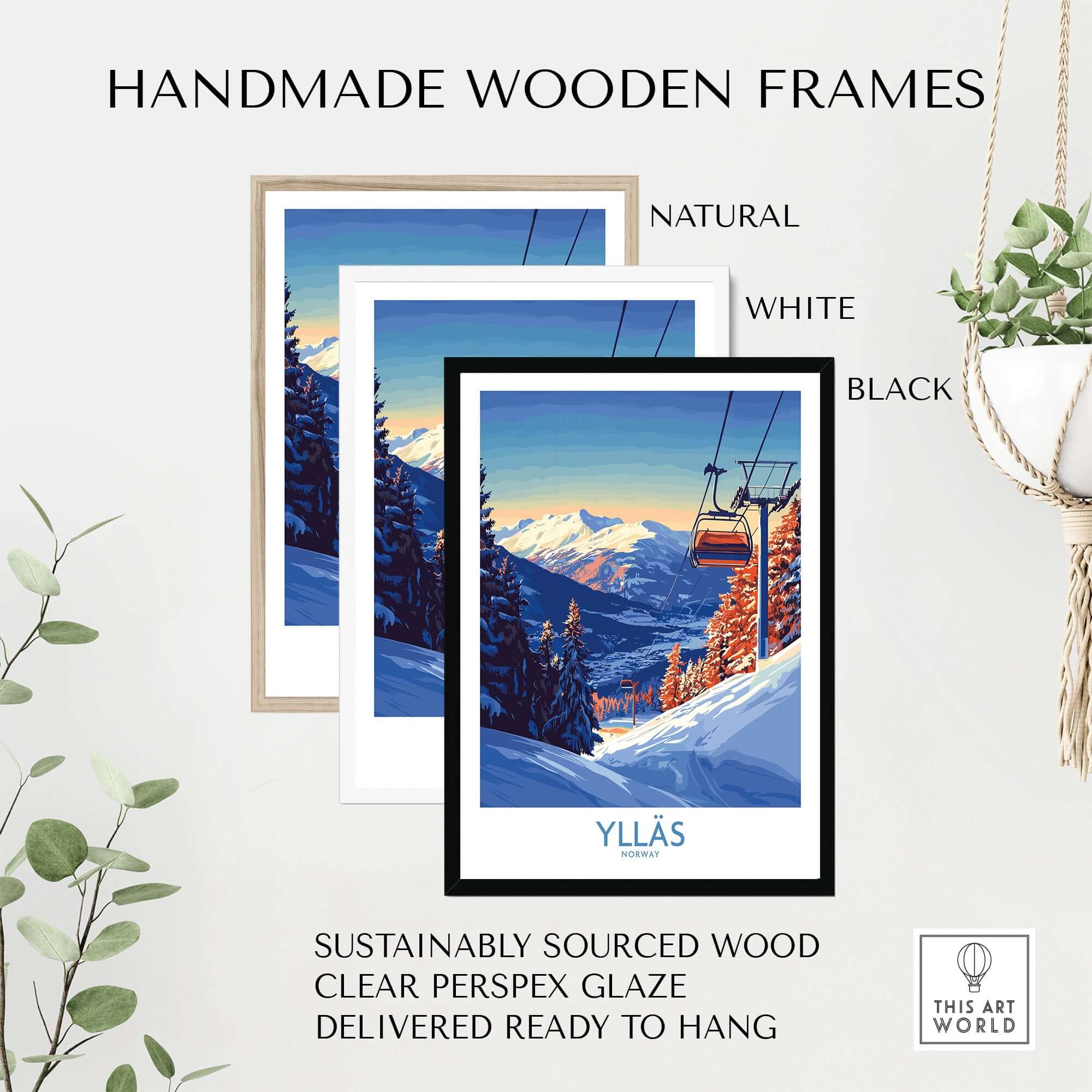 Handmade wooden frames in natural, white, and black for Ylläs ski chairlift wall art, ready to hang.