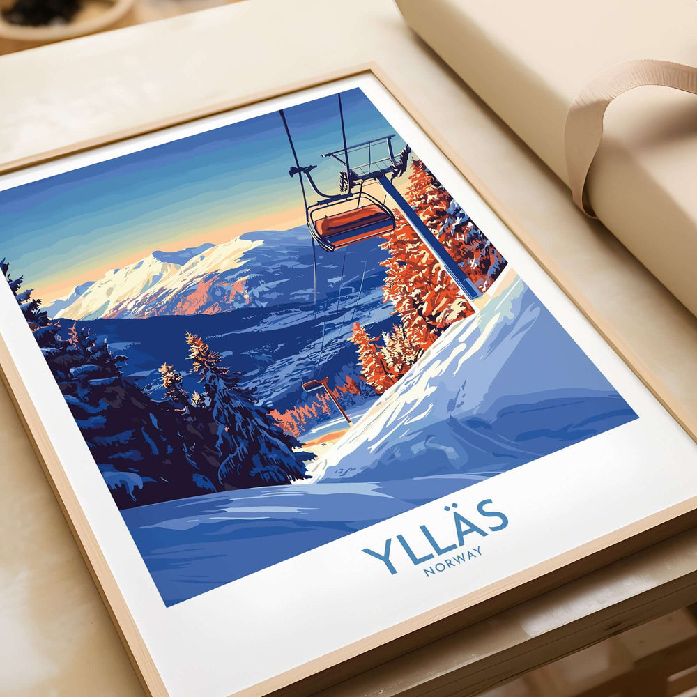 Ylläs Norway wall art featuring a ski chairlift ascending a snowy mountain landscape, perfect for winter adventure lovers.
