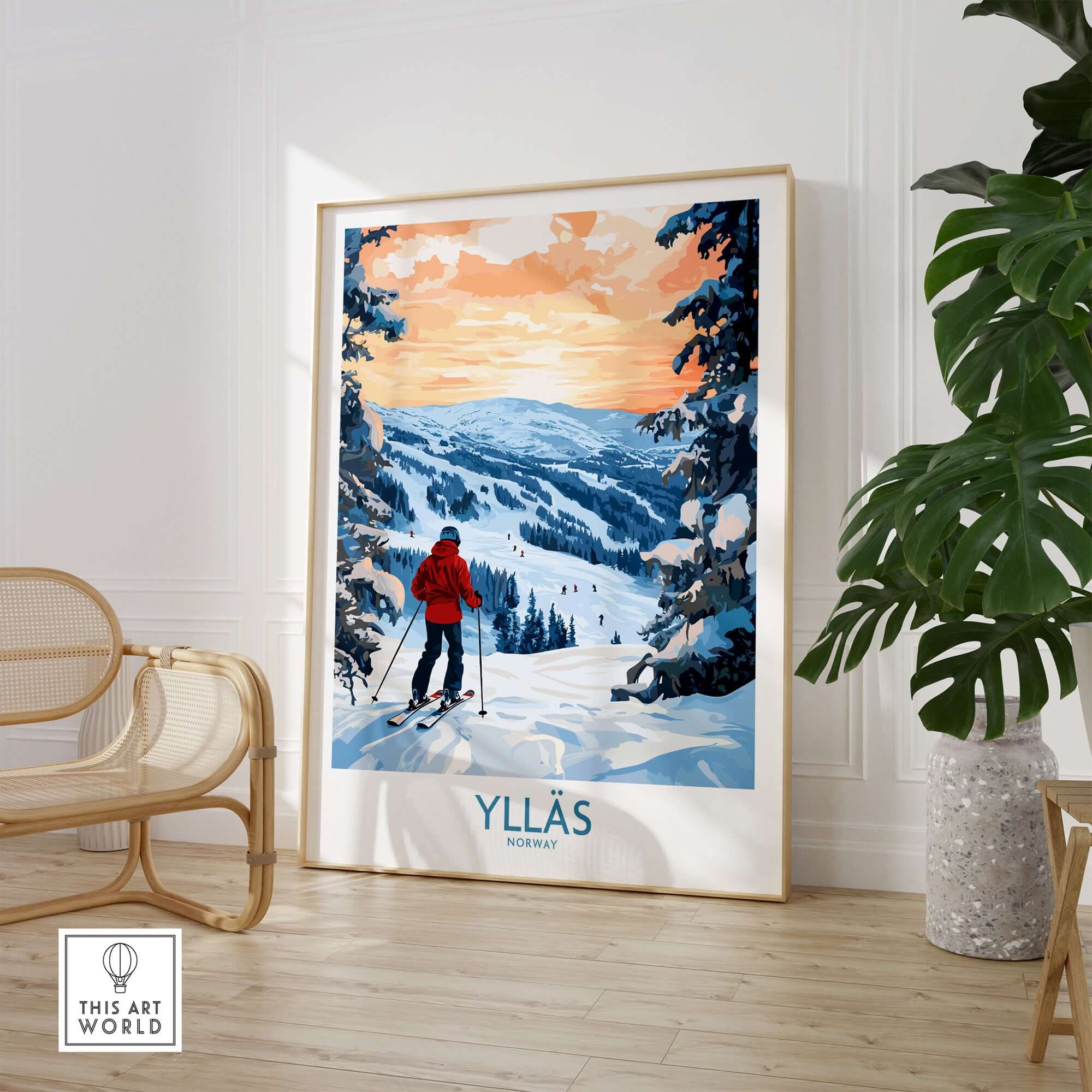 Ylläs Norway wall art featuring a skier on snowy slopes with a sunset backdrop, perfect for winter adventure lovers.