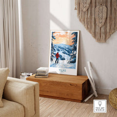 Ylläs Norway wall art illustration showcasing a skier on slopes with a beautiful sunset backdrop.