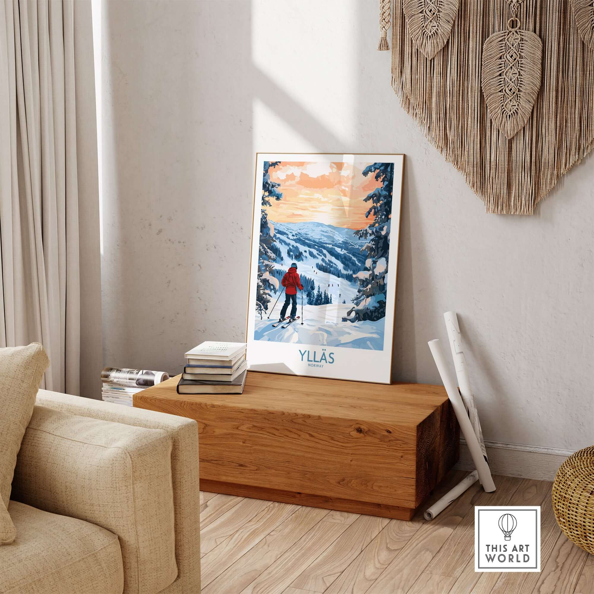 Ylläs Norway wall art illustration showcasing a skier on slopes with a beautiful sunset backdrop.