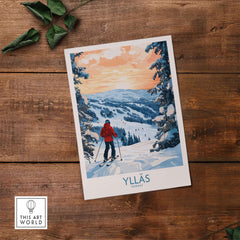 Ylläs Norway wall art featuring a skier overlooking snowy slopes at sunset, capturing winter adventure vibes.