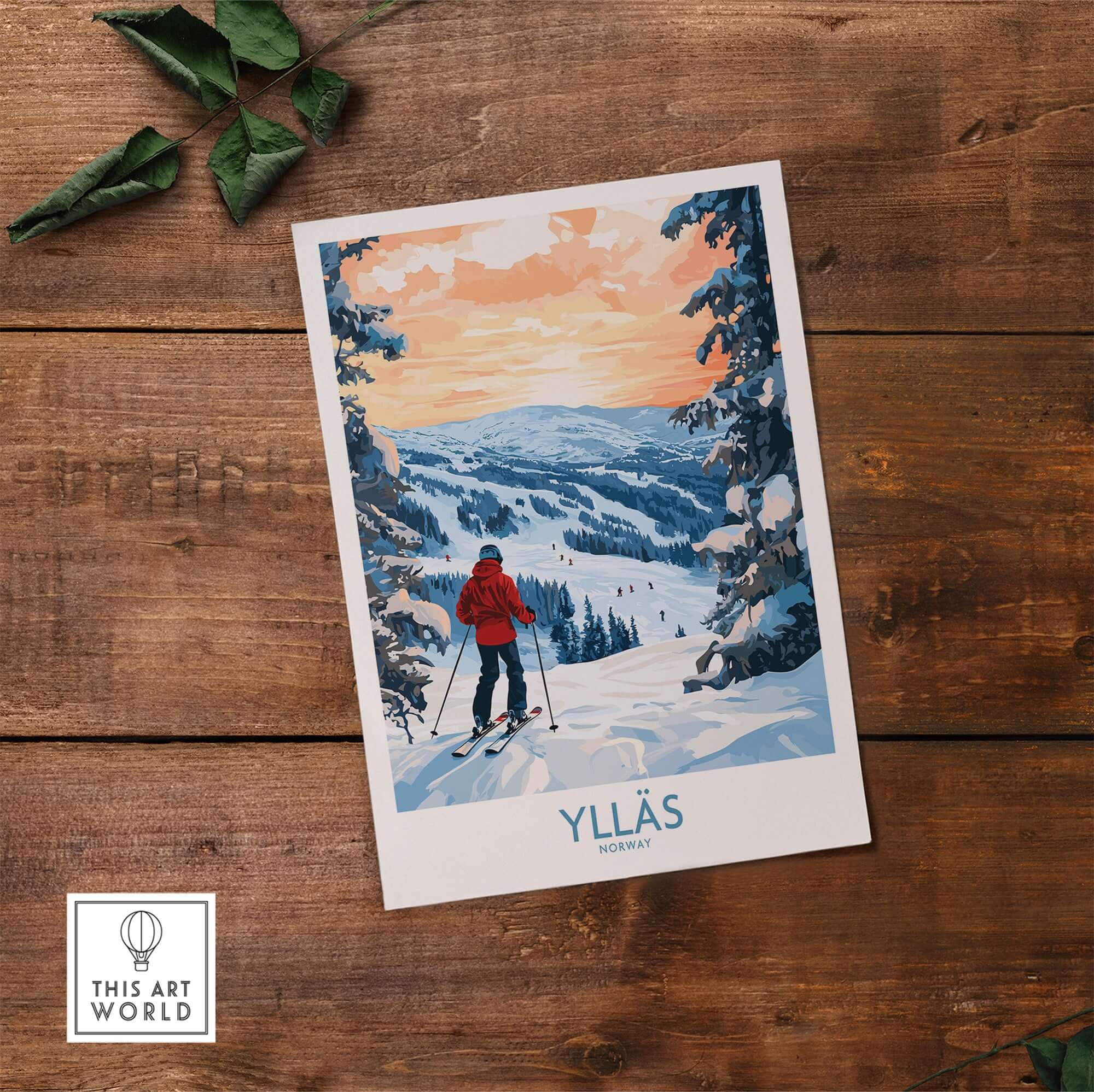 Ylläs Norway wall art featuring a skier overlooking snowy slopes at sunset, capturing winter adventure vibes.