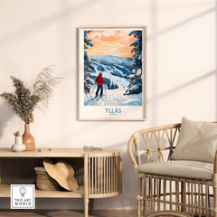 Ylläs Norway wall art featuring a skier on slopes with a beautiful mountain backdrop, perfect for outdoor enthusiasts.