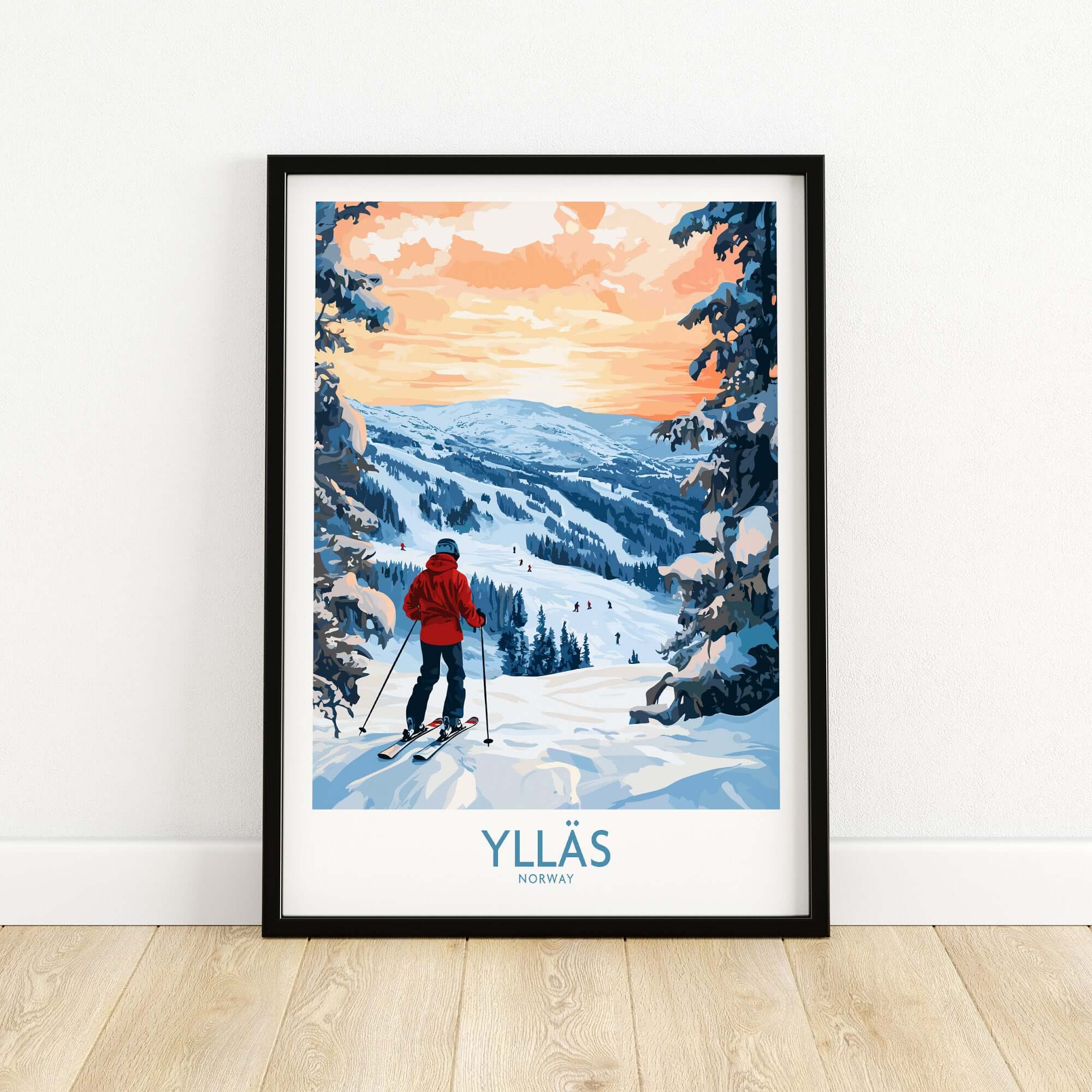 Ylläs Norway wall art featuring a skier on snowy slopes during sunset, perfect for ski enthusiasts.