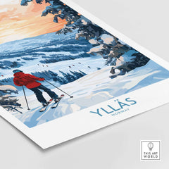 Ylläs Norway wall art featuring a skier on snowy slopes during sunset, capturing winter adventure and outdoor beauty.